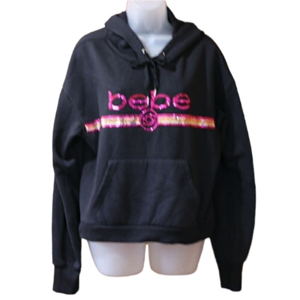 Bebe Black Hot Pink Sequin Logo Spellout Hoodie XL